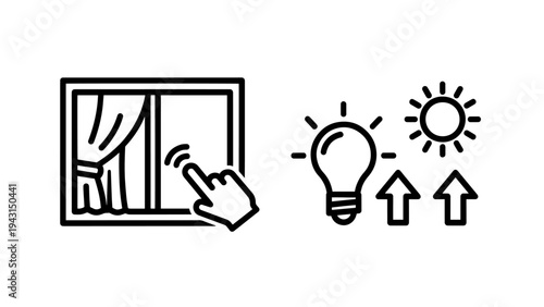 Smart home control icons: adjusting curtains and lighting with sun symbol