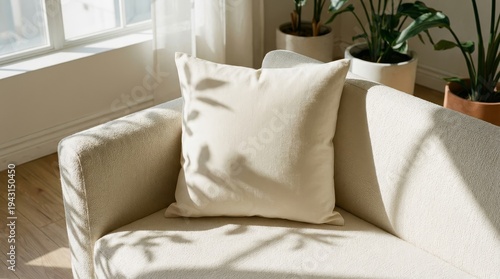 Beige cushion on sofa with sunlight shadows and plants