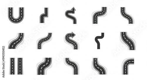 Collection of Various Road Sections with Different Curves and Angles.