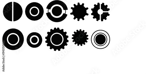 Collection of black abstract circular shapes and gear designs