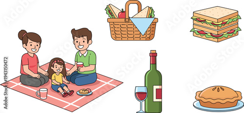 Family Picnic with Food Basket Sandwich Wine and Pie Outdoor Leisure Vector Illustration Set Isolated
