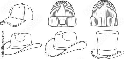 Set of five different hats including a baseball cap, beanie, fedora, cowboy hat, and top hat in a simple black and white line art illustration style
