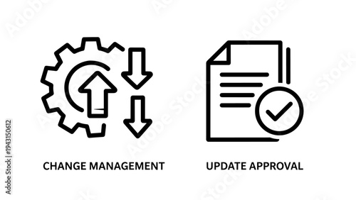 Change management and update approvai icons: process, gears, and checklist