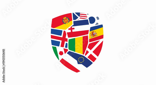 Fragmented shield formed by various national flags on white background