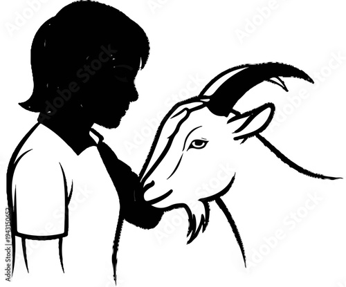 Gentle connection Person tenderly strokes a goat's head in a simple outline drawing