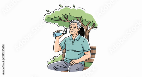 Elderly man sits on park bench drinking from a water bottle under a tree