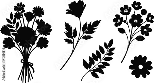 Floral Bouquet and Botanical Flower Silhouette Collection Decorative Nature Plant Vector Illustration Set