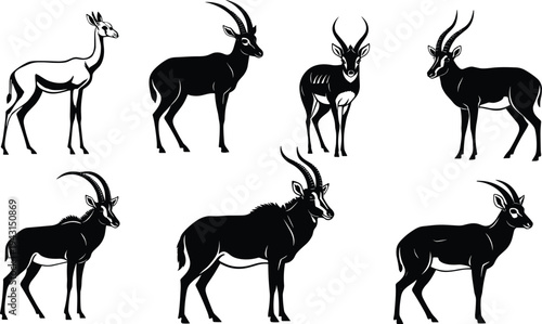 Antelope illustrations, stylized profiles, horn variation, species diversity, black and white design, wildlife vector, animal set, nature icon