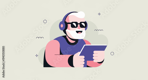Cheerful older man with headphones and glasses, holding a tablet and smiling