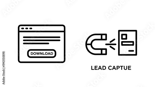 Download window icon and lead capture magnet icon, symbolizing online marketing and lead generation