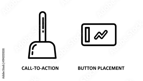 Icons for marketing: dustpan for cail-to-action and card with graph for button placement, strategy and anaiytics