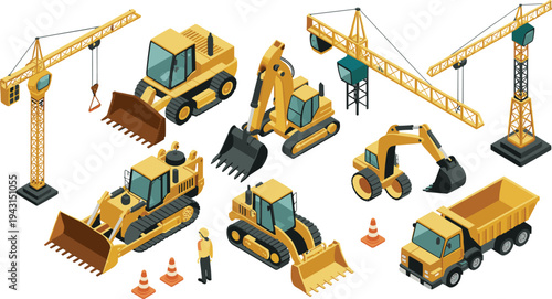 Isometric construction machinery set, excavator, bulldozer, crane, dump truck, heavy equipment vehicles, engineering building industry illustration collection