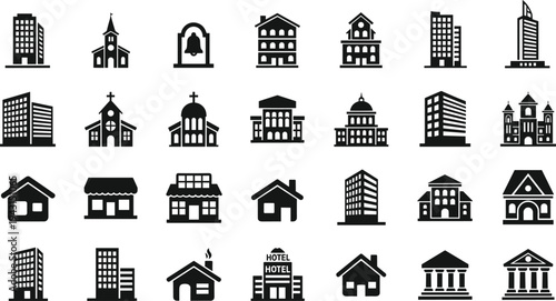 Black silhouette vector icon collection featuring various city buildings, residential houses, classic churches, hotels, and government architecture on white background