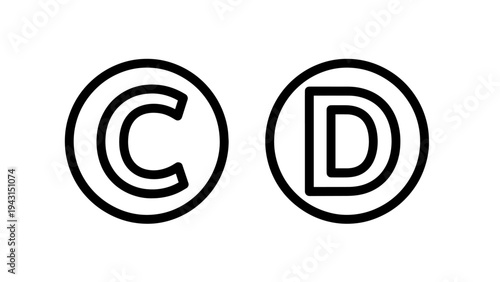 Outline icons for copyright and design patent: circular c and circular d symbols, intellectuai property concept