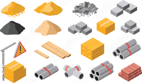Isometric construction materials set, sand gravel stones bricks pipes wooden planks cargo boxes, building industry resources illustration collection