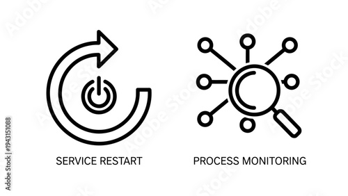 Line icons for it operations: circular arrow with power button for service restart and magnifying glass network for process monitoring
