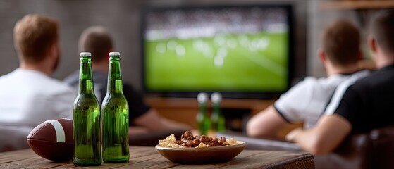 Friends gather to watch football on TV while drinking beer in green bottles at home, with laughter and fun in the background