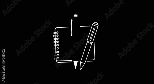 Minimalist white outline drawing of a spiral notebook and pen on a black background