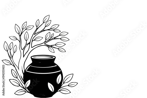 Black vase with striped accents adorned by delicate leafy branches