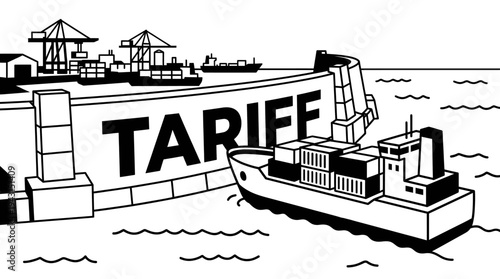 Cargo Ship Loaded with Containers at Industrial Port with Tariff Wall