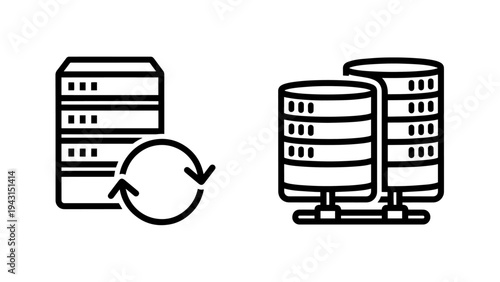 Server sync icon and database stack icons: data storage and synchronization concepts