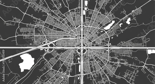 Detailed City Map Illustration with Radial Street Layout and Urban Features.