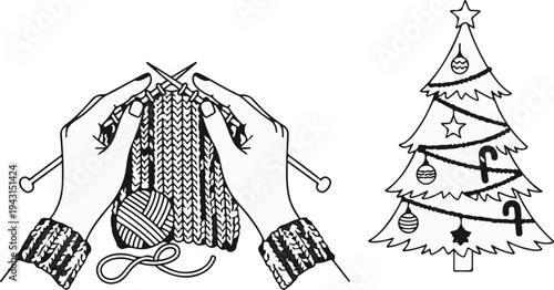 Hands knitting a winter scarf with a decorated Christmas tree