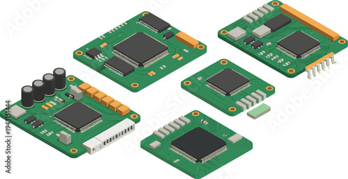 Isometric electronic circuit boards with microchips and components illustrating computer hardware technology, embedded systems and motherboard electronics illustration