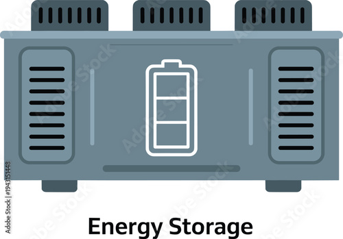 Isometric energy storage battery system, renewable power backup unit, grid electricity storage technology, sustainable energy infrastructure illustration