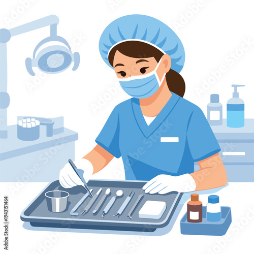 Dental assistant organizing tools in a clinic