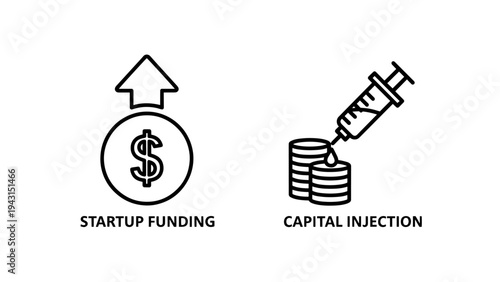Startup funding and capitai injection icons: financiai growth and investment concepts