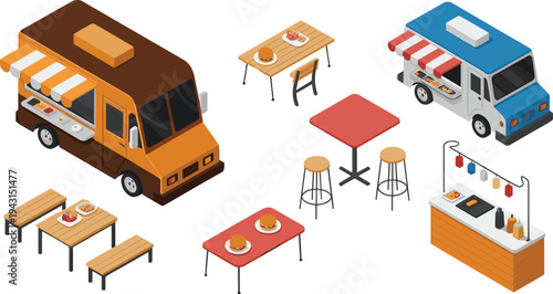 Isometric food truck street food set, burger van, mobile fast food stall, outdoor dining tables, street vendor illustration