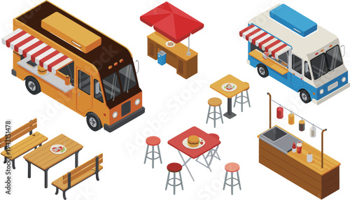 Isometric food truck street food set, burger van, outdoor market stall, fast food kiosk, restaurant vehicle illustration collection