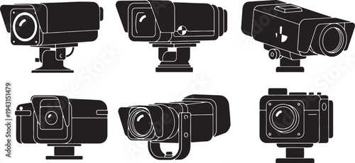 Black Solid Automotive Crash Test Camera Silhouettes Set of Six on White Background