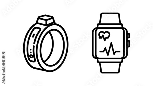 Fitness tracker ring and smartwatch icons: heaith monitoring and activity tracking