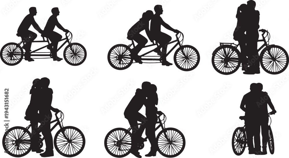 Fototapeta premium Black Solid Bicycle Riding Couple Hugs Set of Six on White Background