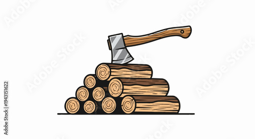 Axe resting on a pile of stacked wood logs, symbolizing lumberjack work