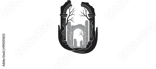 Ornate, dark, ruined archway framing a grey, desolate landscape