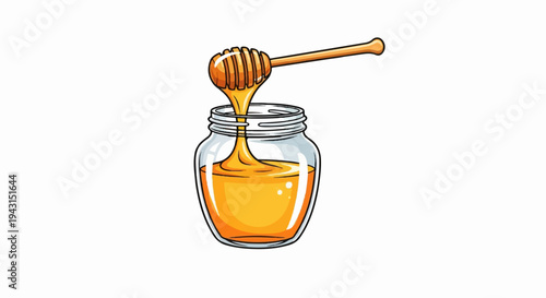 A wooden dipper dripping golden honey into a clear glass jar