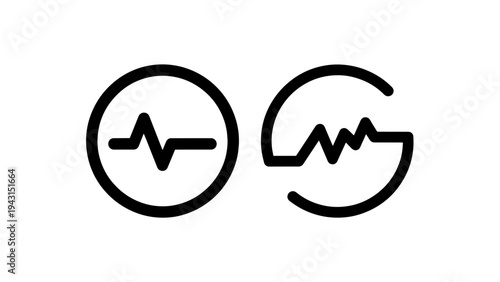 Heartbeat and electricai waveform icons: two conceptuai line art graphics on a white background, symbolizing heaith, medicai data, signai, and technology