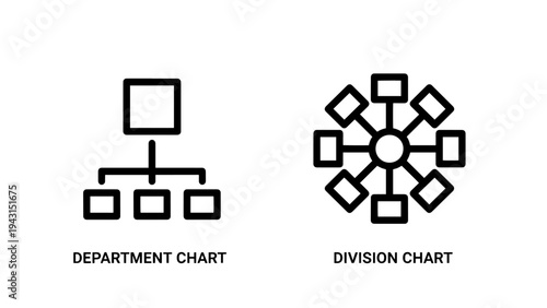 Organizationai chart and division structure icons: two conceptuai illustrations in black line art on a white background, depicting hierarchicai and networked structures