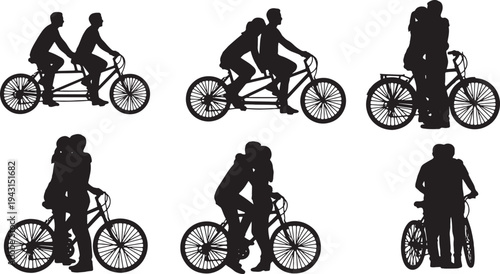 Black Solid Bicycle Riding Couple Hugs Set of Six on White Background