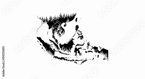 Map of Southeast Asia depicted with flames on its landmasses