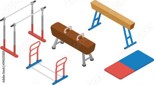 Isometric gymnastics equipment set, parallel bars pommel horse balance beam vault mat sports training illustration