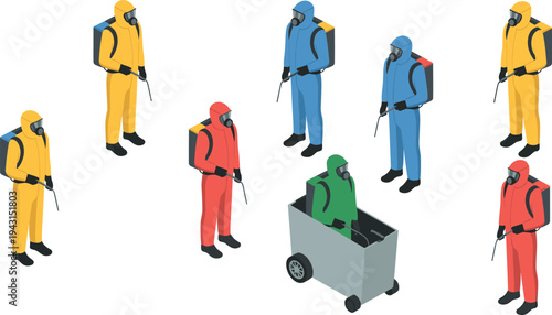 Isometric hazmat workers in protective suits, chemical disinfection team, biohazard cleanup, hazardous materials safety, industrial sanitation illustration