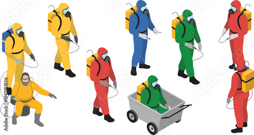 Isometric hazmat workers wearing protective suits, chemical safety team, hazardous material cleanup, biohazard protection equipment, industrial safety illustration