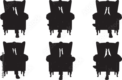 Black Solid Boss Sitting Armchair Silhouettes Set of Six on White Background