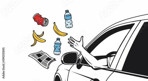 Person throws trash from car window cans, bottles, fruit peels, newspaper