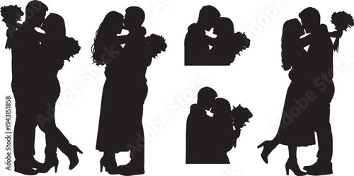 Black Solid Bouquet Flowers Romantic Hugs Set of Six on White Background