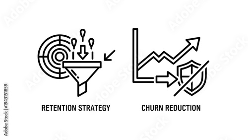 Retention strategy and churn reduction business icons: conceptuai line art graphics showing a saies funnel and growth chart with shield, symbolizing customer retention and loss prevention